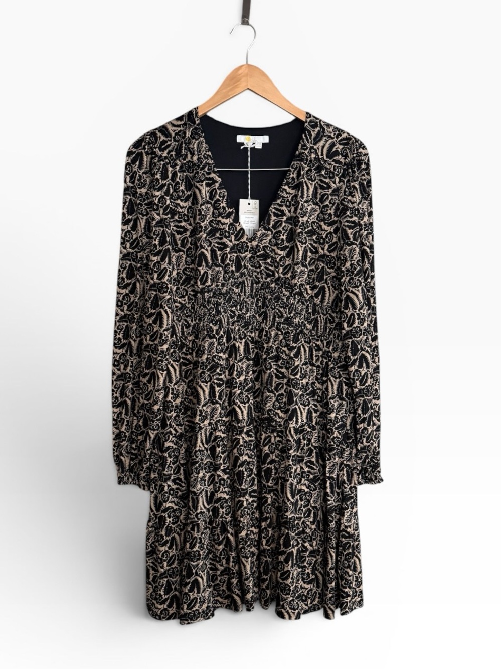 NWT Boden Tiered Jersey Mini Dress in Brown Long Sleeve V Neck Size 10